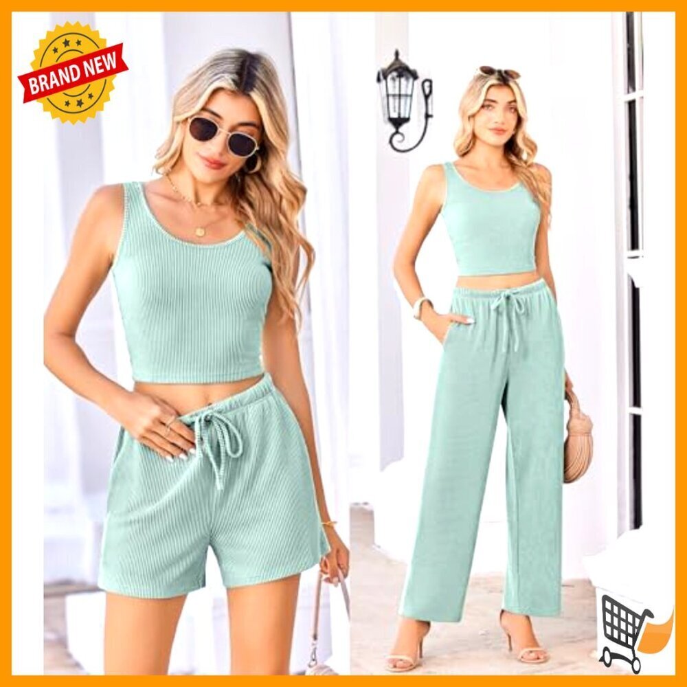 Soft Twisted Rib Knit Lounge Set 3 Piece Tank Shorts Pants Pocket - Picture 3 of 7